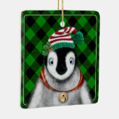 かわいいフェスティバルホリデーペンギングリーンブラックプレイド セラミックオーナメント (右)