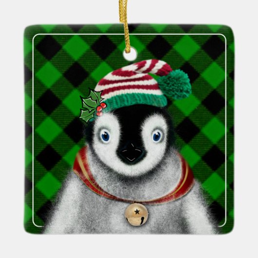 かわいいフェスティバルホリデーペンギングリーンブラックプレイド セラミックオーナメント (正面)