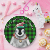 かわいいフェスティバルホリデーペンギングリーンブラックプレイド ペーパープレート (パーティー)