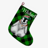 かわいいフェスティバルホリデーペンギングリーンブラックプレイド ラージクリスマスストッキング (正面 (吊り時))
