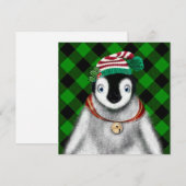 かわいいフェスティバルホリデーペンギングリーンブラックプレイド 招待状 (正面/裏面)