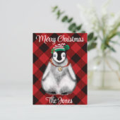かわいいフェスティバルホリデーペンギンレッドブラックプレイド シーズンポストカード (スタンド正面)