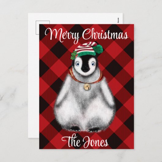 かわいいフェスティバルホリデーペンギンレッドブラックプレイド シーズンポストカード (正面/裏面)