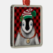 かわいいフェスティバルホリデーペンギンレッドブラックプレイド メタルオーナメント (右)