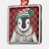 かわいいフェスティバルホリデーペンギンレッドブラックプレイド メタルオーナメント (左)