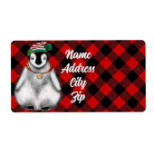 かわいいフェスティバルホリデーペンギンレッドブラックプレイド ラベル (正面)