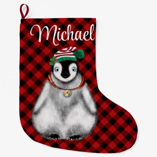 かわいいフェスティバルホリデーペンギンレッドブラックプレイド ラージクリスマスストッキング (正面)