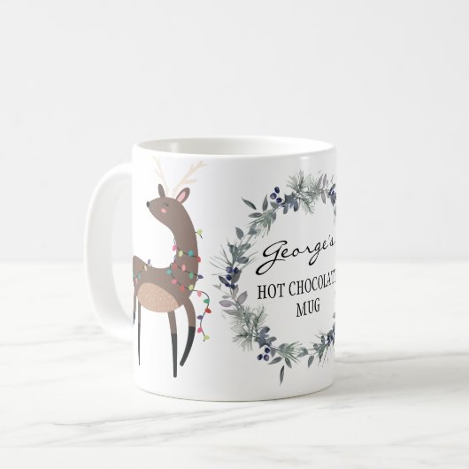 かわいいフェスティバルリースとトナカイパーソナライズされた コーヒーマグカップ (正面左)