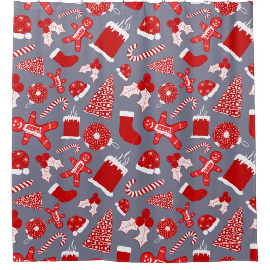 かわいいフェスティバルレッドイラストレーションクリスマスパターン シャワーカーテン (正面)