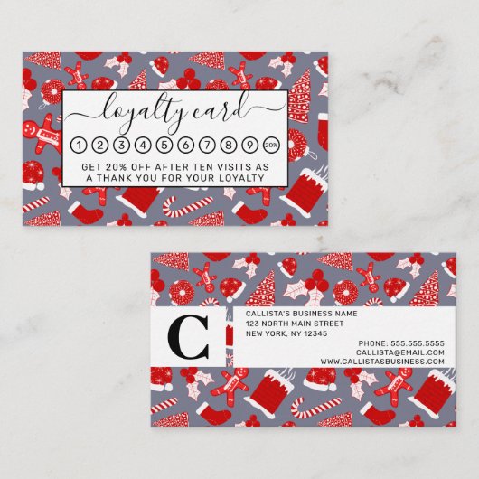 かわいいフェスティバルレッドイラストレーションクリスマスパターン ロイヤリティカード (正面/裏面)