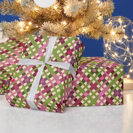 かわいいフェスティバルレトロピンクパープルグリーンプレイド ラッピングペーパー (クリスマス)