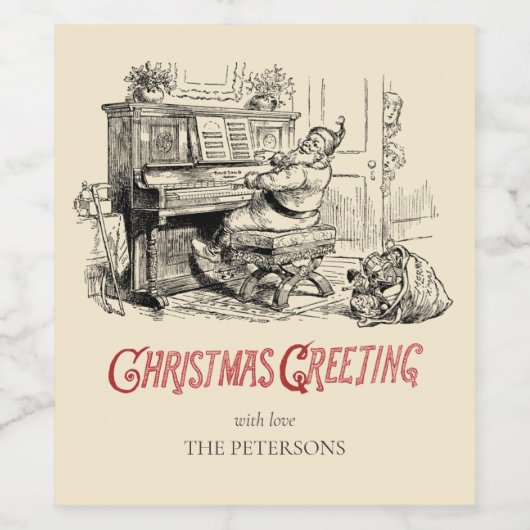 かわいいフェスティバルヴィンテージビクトリアンサンタwithピアノ ワインラベル (シングルラベル)