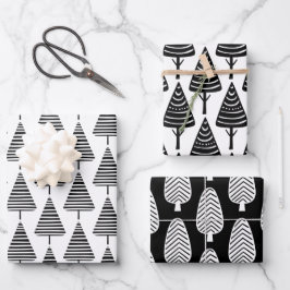 かわいいフェスティバル白黒クリスマスホリデーツリー ラッピングペーパーシート