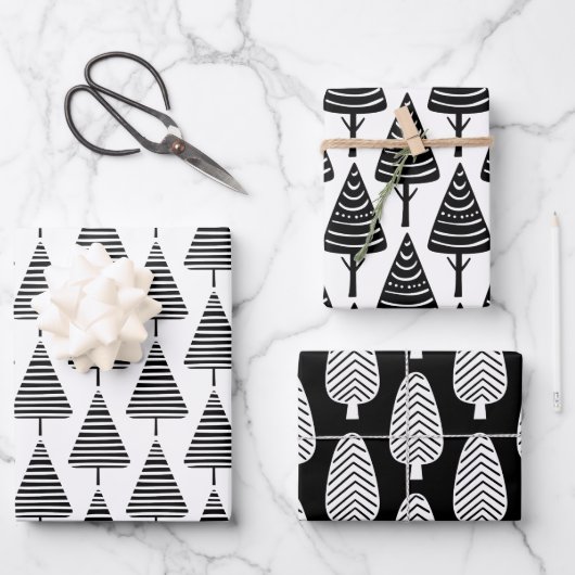 かわいいフェスティバル白黒クリスマスホリデーツリー ラッピングペーパーシート (正面)
