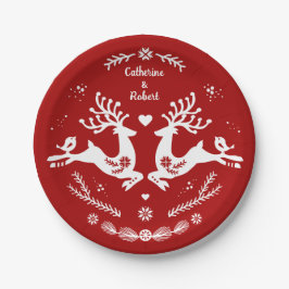 かわいいフェスティブスカンジナビアの赤と白のクリスマスツリーの鹿 ペーパープレート