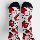 かわいいフェミニン赤いハート、フローラ。モノグラム. ソックス (上部)