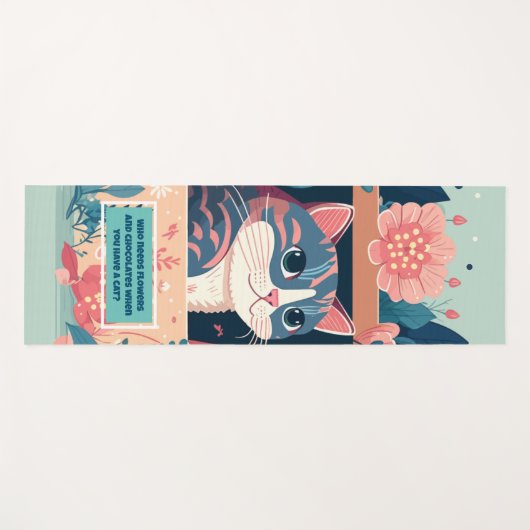 かわいいフェミニン青ネコとピンクの花 ヨガマット (正面(横))