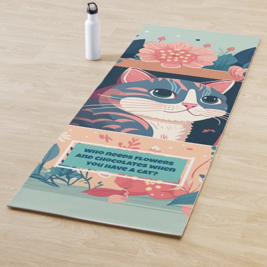 かわいいフェミニン青ネコとピンクの花 ヨガマット (インサイチュ)