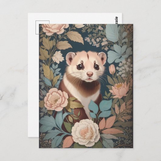かわいいフェレットのエレガントなパステルフラワーガーデン ポストカード (正面/裏面)