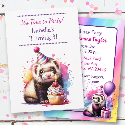 かわいいフェレットのテーマの女の子の誕生日パーティー 招待状