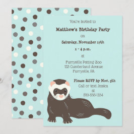 かわいいフェレットのミントグリーンとブラウンの誕生日パーティー 招待状