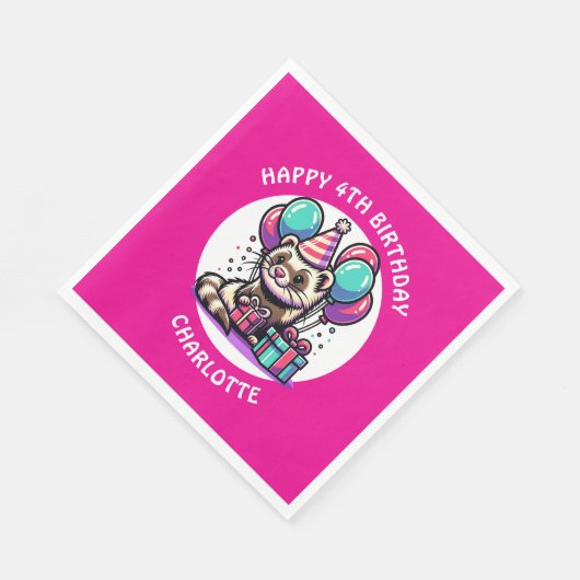 かわいいフェレットをテーマにした少女の誕生日 パーソナライズされた スタンダードランチョンナプキン (角)