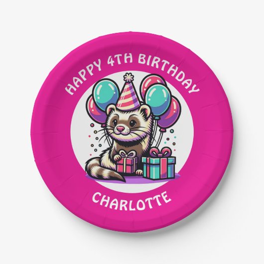 かわいいフェレットをテーマにした少女の誕生日 パーソナライズされた ペーパープレート (正面)