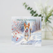 かわいいフォックス・テリアの犬の雪のクリスマス シーズンカード (スタンド正面)