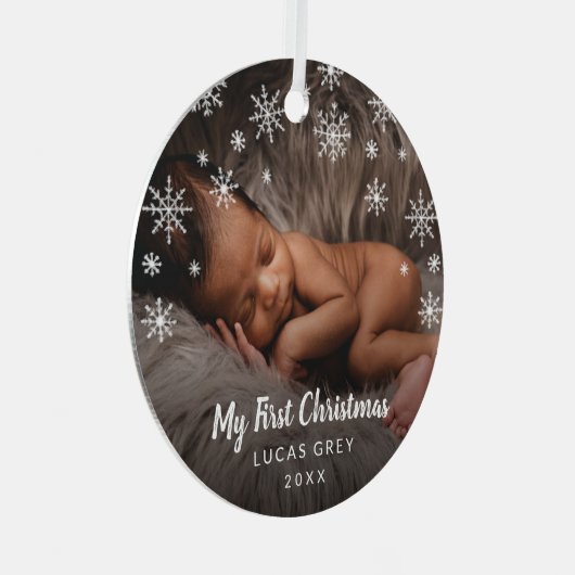 かわいいフォトスノーフレークベビー初めてのクリスマス メタルオーナメント (正面右)