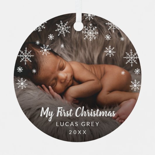 かわいいフォトスノーフレークベビー初めてのクリスマス メタルオーナメント (正面)