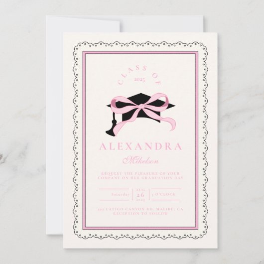 かわいいフォトピンクのコケット弓卒業 招待状 (正面)