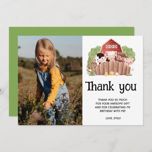 かわいいフォトファーム動物誕生日 サンキューカード (正面/裏面)