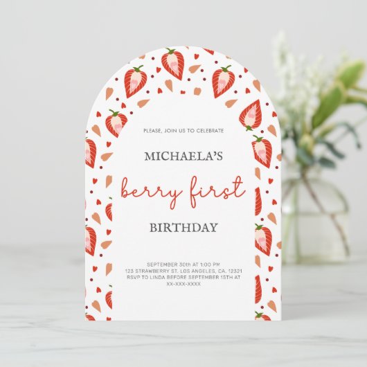 かわいいフォトベリーファースト誕生日アーチ 招待状 (スタンド正面)