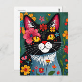 かわいいフォークお洒落アートキャット&フラワー ポストカード (正面/裏面)