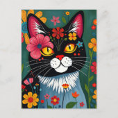 かわいいフォークお洒落アートキャット&フラワー ポストカード (正面)