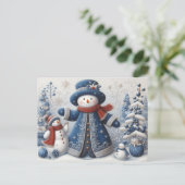 かわいいフォークアートのクリスマススノーマン ポストカード (スタンド正面)