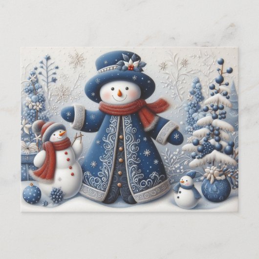 かわいいフォークアートのクリスマススノーマン ポストカード (正面)