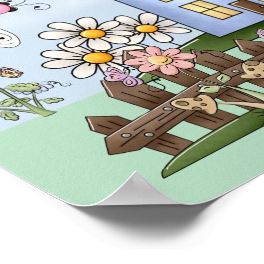 かわいいフォークアートの農村風景とフェンスのポスター ポスター (角)