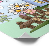 かわいいフォークアートの農村風景とフェンスの芸術 ポスター (角)