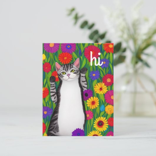 かわいいフォークアートキャットことわざハイオブフラワー ポストカード (スタンド正面)