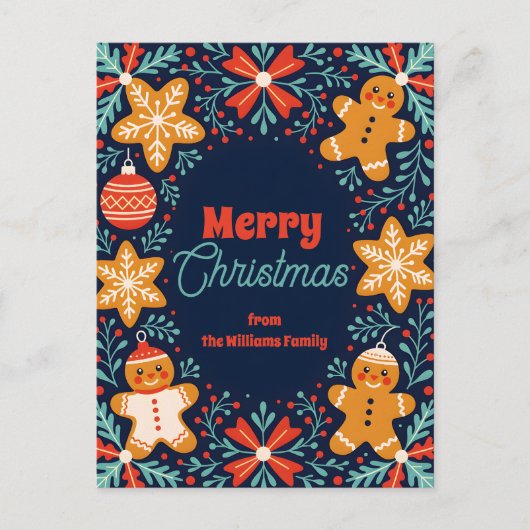 かわいいフォークアートジンジャーパンと葉のクリスマス シーズンポストカード (正面)