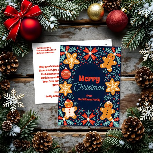 かわいいフォークアートジンジャーパンと葉のクリスマス シーズンポストカード