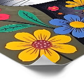 かわいいフォークアートブラックキャット&フラワー ポスター (角)