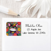 かわいいフォークアートブラックキャット&フラワー ラベル (インサイチュ)