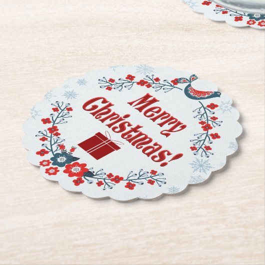 かわいいフォークアートメリークリスマスリース ペーパーコースター (アングル)