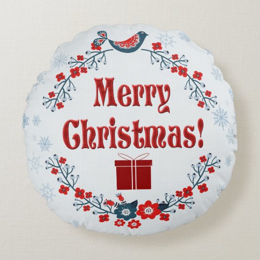 かわいいフォークアートメリークリスマスリース ラウンドクッション (正面)