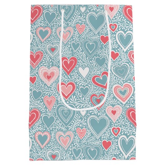 かわいいフォークフローラハートほこりっぽいブルーピンクベビーシャワー ミディアムペーパーバッグ (裏面)