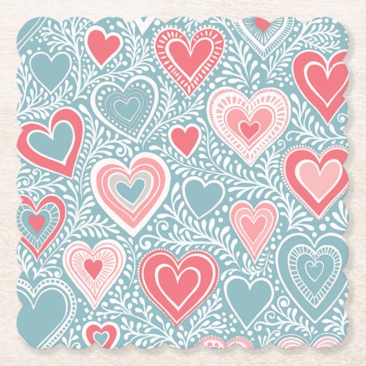 かわいいフォークフローラハートほこりっぽいブルー赤面ピンクガール ペーパーコースター (正面)