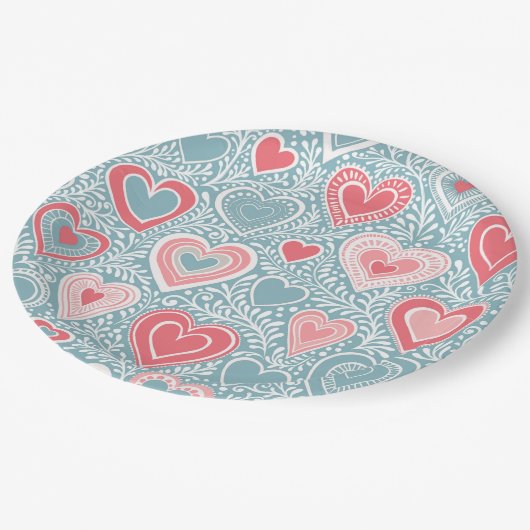 かわいいフォークフローラハートほこりっぽいブルー赤面ピンクガール ペーパープレート (アングル)