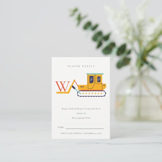 かわいいフォークリフトのモノグラムおむつラッフルベビーシャワー エンクロージャーカード (スタンド正面)